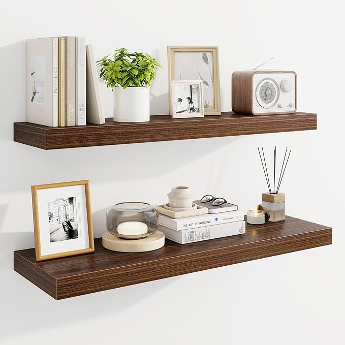 Marsmiles 32" Floating Shelves for Wall, Wooden Shelves with Invisible Brackets Set of 2, Rustic Farmhouse Wall Mounted Shelf for Kitchen Bathroom Living Room Study, Walnut