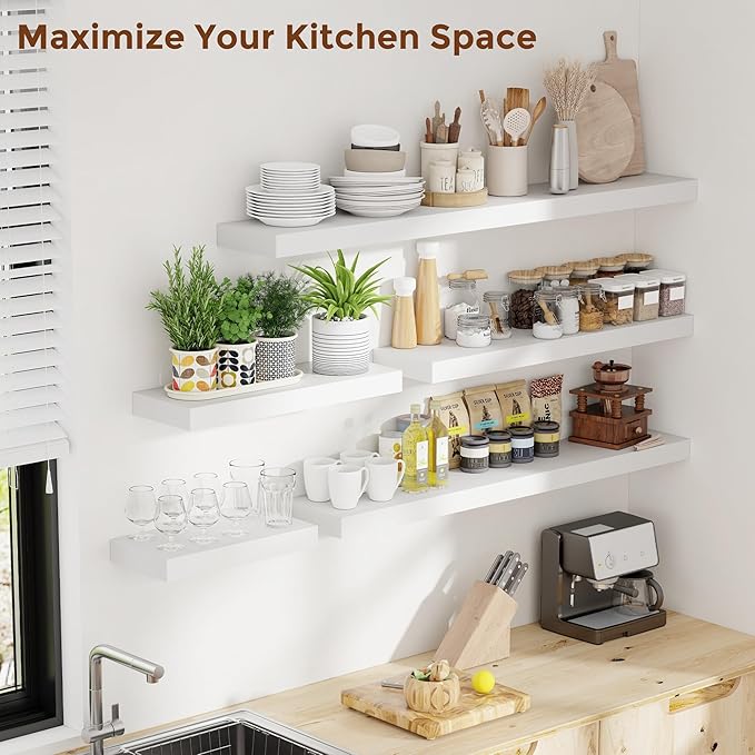 Heimlove 24 Inch Floating Shelves for Wall White Shelves Set of 2,Wall Mounted Rustic Wood 8 Inch Deep Floating Shelf with Invisible Brackets for Bedroom Kitchen Living Room