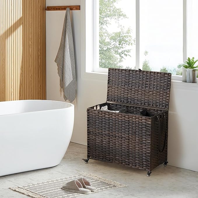 Laundry Hamper with Wheels, 52.8 Gallon(200L) Rolling Laundry Basket with Lid, Removable Large 3 Color Liners & 3 Mesh Laundry Bags, Clothes Hamper with Side Pocket, Brown