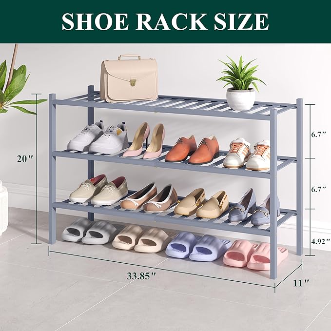 Smiry Bamboo Shoe Rack for Closet, 3 Tier Long Wooden Stackable Shoe Organizer, Free Standing Shoes Storage Shelf for Entryway, Front Door Entrance, Grey