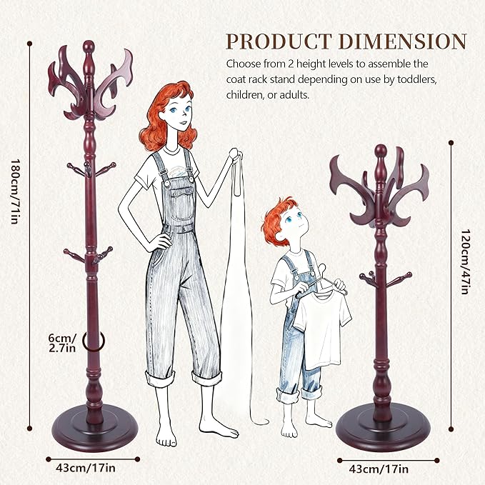 Wooden Coat Rack Freestanding, Creative Antler Hooks, Coat Hanger Stand 14 Hooks, Coat Tree Adjustable Height 73", Round Base, Coat Racks free standing for Entryway Hallway, Porch, Bedroom