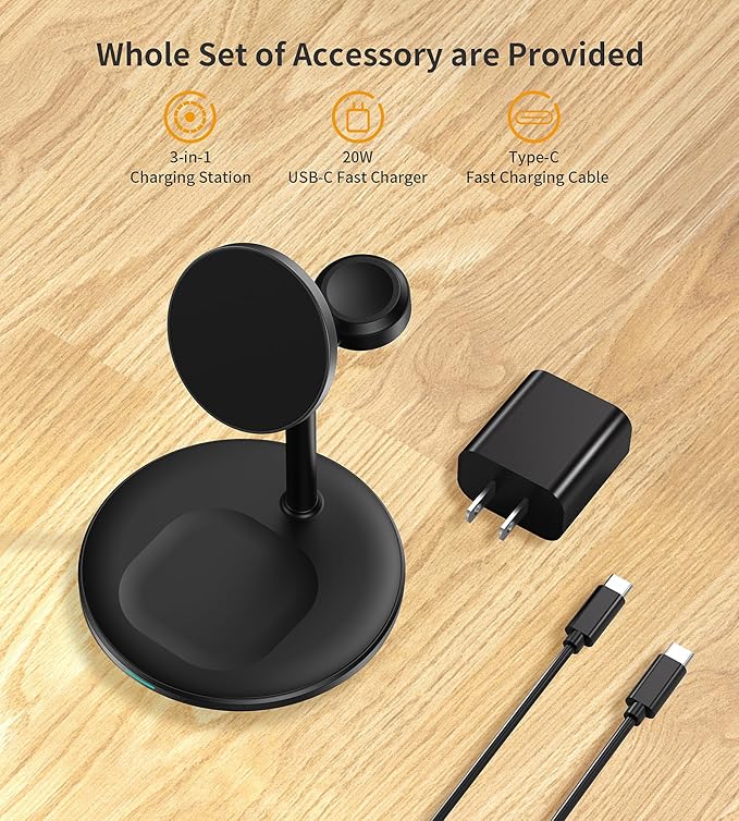 XooFly 3 in 1 Wireless Charging Station for Apple Devices, Fast Wireless Mag-Safe Charger Stand with 20W Adapter for iPhone 17/16 15 14 13 12 Pro Max/Pro/Plus/Air/Mini, iWatch, AirPods (Black)