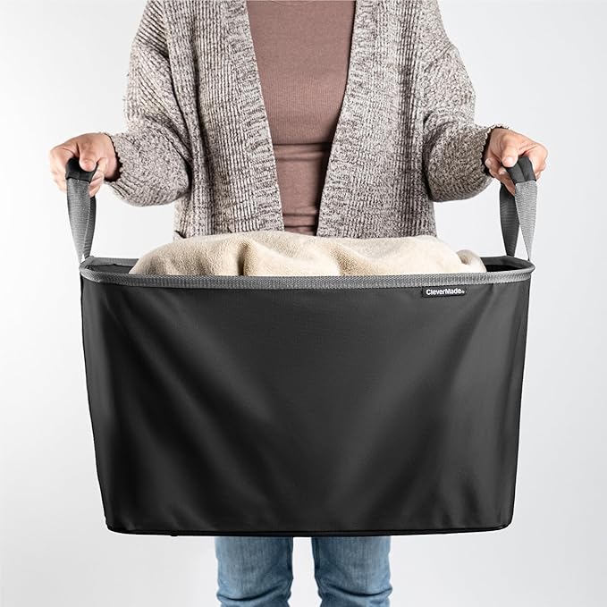 CleverMade Collapsible Laundry Basket Hamper - Black 2-Pack 60L - Space Saving Storage Organizer with Handles Foldable Home Organization