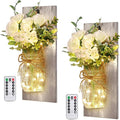 Wall Decor Mason Jar Sconces - Home Decor Wall Art Hanging Design with Remote Control LED Fairy Lights and White Rose, Farmhouse Wall Decorations for Bedroom Living Room Lights Set of Two