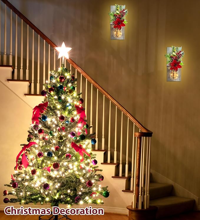 Mason Jars Sconce Decor Rustic Wall Sconces Handmade Wall Art Hanging Design with Remote Control LED Fairy Lights and Red Berry, Xmas Farmhouse Wall Home Decor Living Room Lights Set of Two