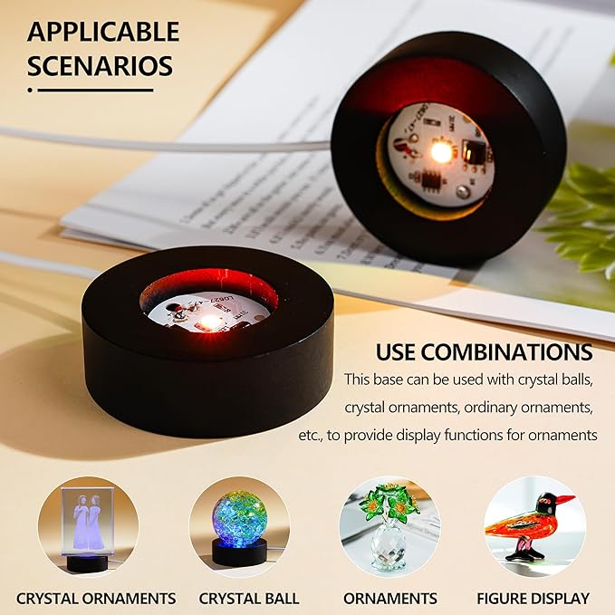 ZEERSHEE 2Pcs Wooden LED Light Base for Acrylic Resin Crystal Art - 7 Color Cycle with USB Cable Display Stand Round Lighted Pedestal for 3D Crystal Sphere (2.3" Holder)