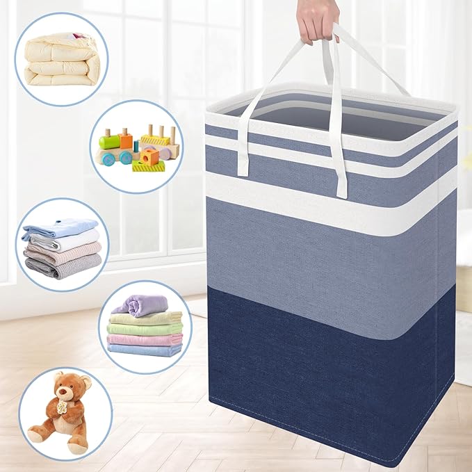 BlissTotes 3-Pack Laundry Basket, Freestanding＆Waterproof Laundry Hamper, Collapsible Tall Clothes Hamper with Easy Carry Handles for Clothes, Towels in the Family and Dorm,Gradient Blue,88L