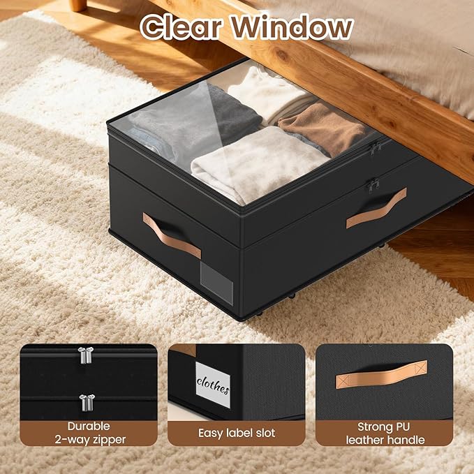 Under Bed Storage with Wheels, 2-Pack Underbed Storage Containers, No Assemble 11 inches 90L XXL Large Adjustable Storage Bins with Clear Lids, Rolling Storage for Clothes, Shoes, Blankets, Black