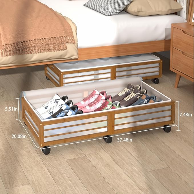 Under Bed Storage Containers with Wheels, Larger Bamboo Wood Under Furniture Storage Containers with Dust Bags，Rolling for Shoes Clothes