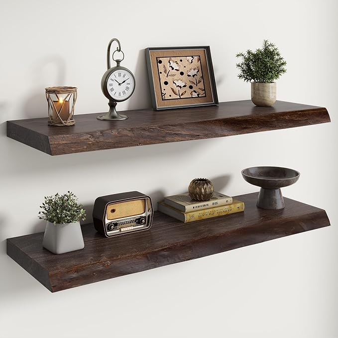 Live Edge Elm Floating Shelves For Wall - 36" W x 9.3" D Rustic Solid Wood Shelves with Invisible Bracket, Wall-Mounted Storage & Display Shelf for Living Room Bedroom Kitchen, Set of 2, Walnut