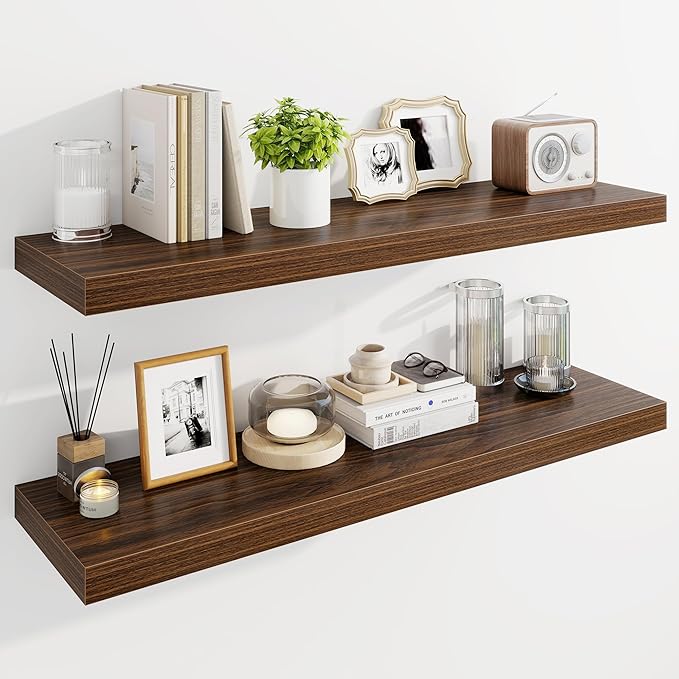 Marsmiles 40" Floating Shelves for Wall, Wooden Shelves with Invisible Brackets Set of 2, Rustic Farmhouse Wall Mounted Shelf for Kitchen Bathroom Living Room Study, Walnut
