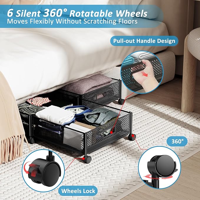 Under Bed Storage with Wheels 47.2"(L)/57.6L Large Rolling Under Bed Storage, Metal Underbed Containers on Wheels, Tool-Free Assembly Foldable Metal Underbed Drawers for Shoes Clothes Toys