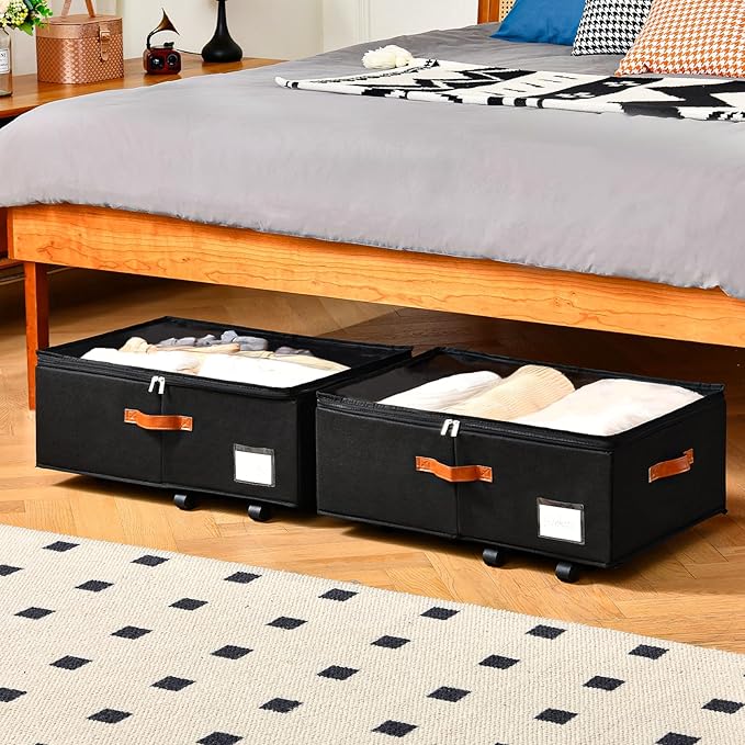 Under Bed Storage Organizer with Wheels, Underbed Container with Clear Lid Cover, Storage Bag Box with Visiable Window for Clothes, Bedsheet, Pillow, 2 Pack