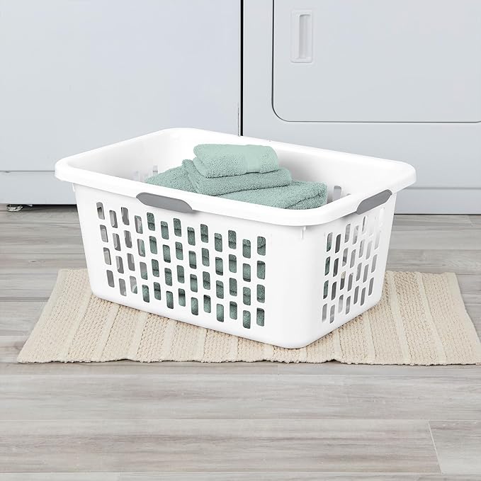 Sterilite Laundry Basket, Plastic Clothes Hamper, Large Rectangle Bin with Comfort Grip Handles and Reinforced Rim, 2 Bushel Capacity, White, 18 Pack