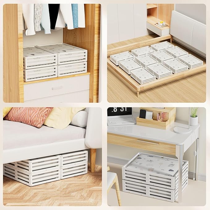 Bamboo Under Bed Storage Containers- Underbed Organizer with Wheels with Large Capacity Dust Bag,Sturdy Wood Rolling Under Bed Shoe Storage Organizer 2 Packs (White, 2 Packs (23.62"×16.54"))