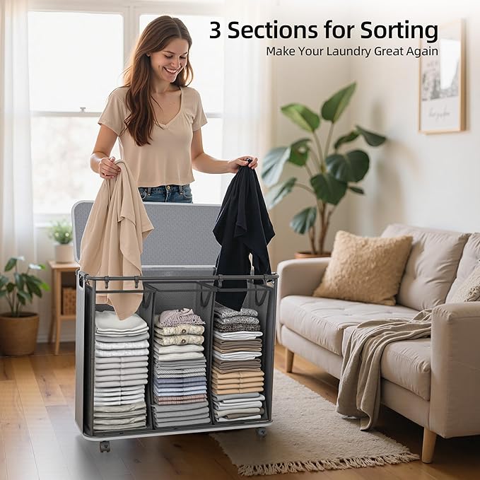 Yecaye 180L Laundry Basket With Lid and Removable 3 Bags, Large Rolling Laundry Hamper with Lid, 3 Section Rolling Clothes Storage With Wheels, Clothes Hamper with Wheels For Laundry Room, Grey