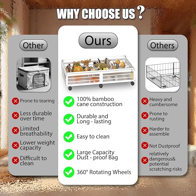 Under Bed Storage Containers with Wheels, Larger Bamboo Wood Under Furniture Storage Containers with Dust Bags，Rolling for Shoes Clothes