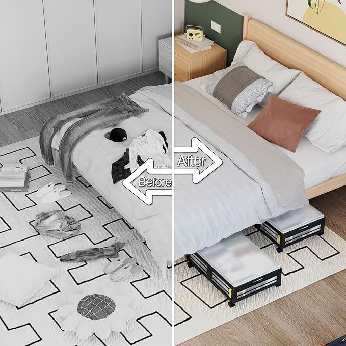 Under Bed Storage Containers with Wheels, Larger Bamboo Wood Under Furniture Storage Containers with Dust Bags，Rolling for Shoes Clothes