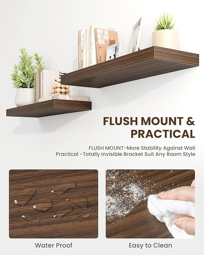 Marsmiles 40" Floating Shelves for Wall, Wooden Shelves with Invisible Brackets Set of 2, Rustic Farmhouse Wall Mounted Shelf for Kitchen Bathroom Living Room Study, Walnut