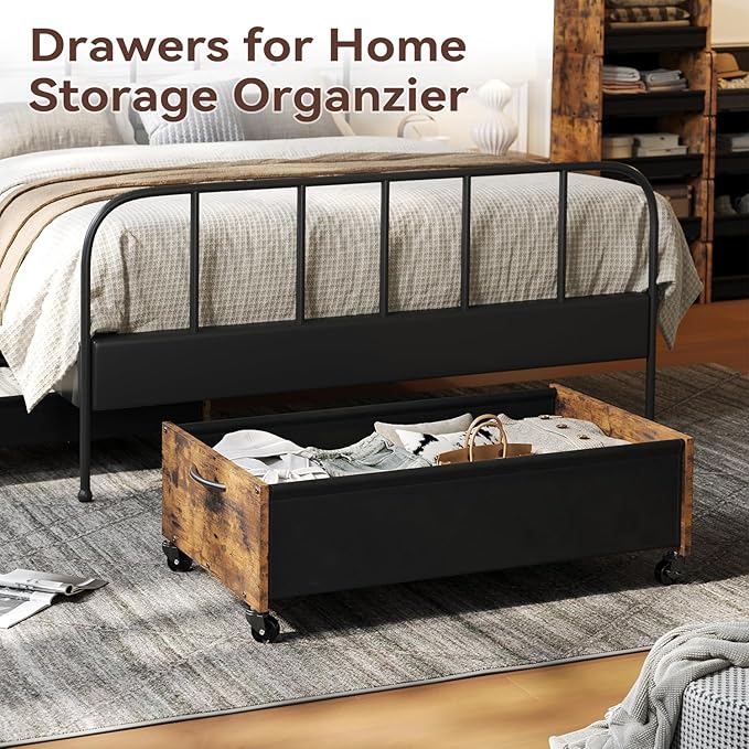 Under Bed Storage with Wheels, Under Bed Storage Drawers on Wheels, Metal Frame Under Bed Shoe Storage, Space-Saving for Bedroom Closet Organization