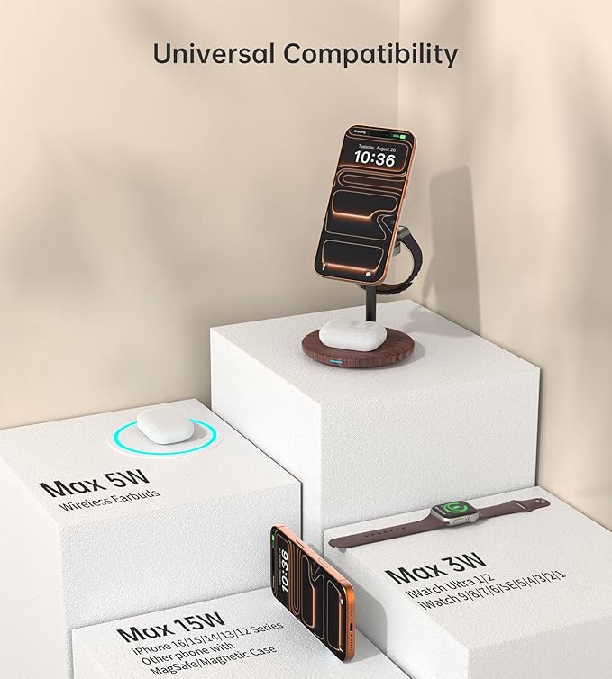 XooFly 3 in 1 Wireless Charging Station for Apple Devices, Fast Wireless Mag-Safe Charger Stand with 20W Adapter for iPhone 17/16 15 14 13 12 Pro Max/Pro/Plus/Air/Mini,iWatch,AirPods,Brown Wood Grain