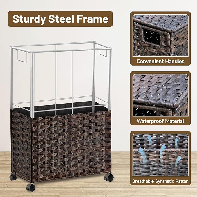 70L Slim Laundry Hamper with Lid & Wheels, Rolling Laundry Basket with 2 Removable Liner Bags & 3 Mesh Bags, Narrow Dirty Clothes Basket, Foldable Handwoven Rattan Laundry Sorter, Brown