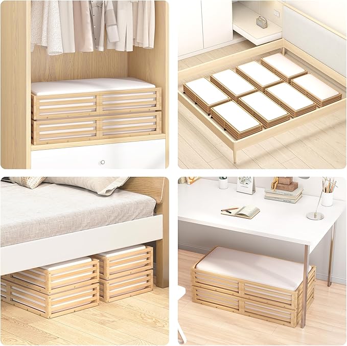 Wisuce Bamboo Under Bed Storage Containers- Underbed Organizer with Wheels with Large Dust Bag,Sturdy Wood Rolling Under the Bed Shoe Storage Organizer Drawer 2 Packs (Nature, Long)
