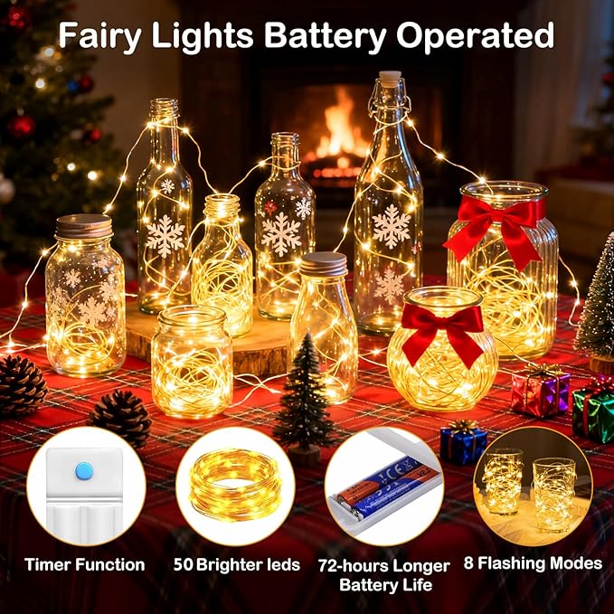 ZNYCYE 50 LED Fairy Lights with Timer,8.2Ft 8 Modes Battery Operated Fairy Lights, 6 Pack Mini Led String Lights for DIY Wedding Bedroom Mason Jar Vases Table Party Christmas Decoration (Warm White)