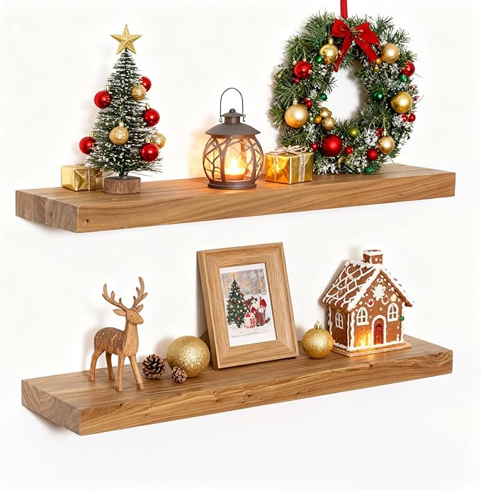 Wood Floating Shelves for Wall, 24" Floating Shelves Wall Mounted, Rustic Old Elm Wood Shelf for Home Decor, Heavy-Duty Storage Shelves for Books, Bathroom, Kitchen, Natural Color, Set of 2