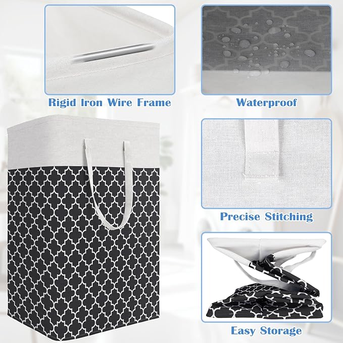 BlissTotes 3-Pack Laundry Basket, Freestanding＆Waterproof Laundry Hamper, Collapsible Tall Clothes Hamper with Easy Carry Handles for Clothes, Towels in the Family and Dorm,Clover Black,100L