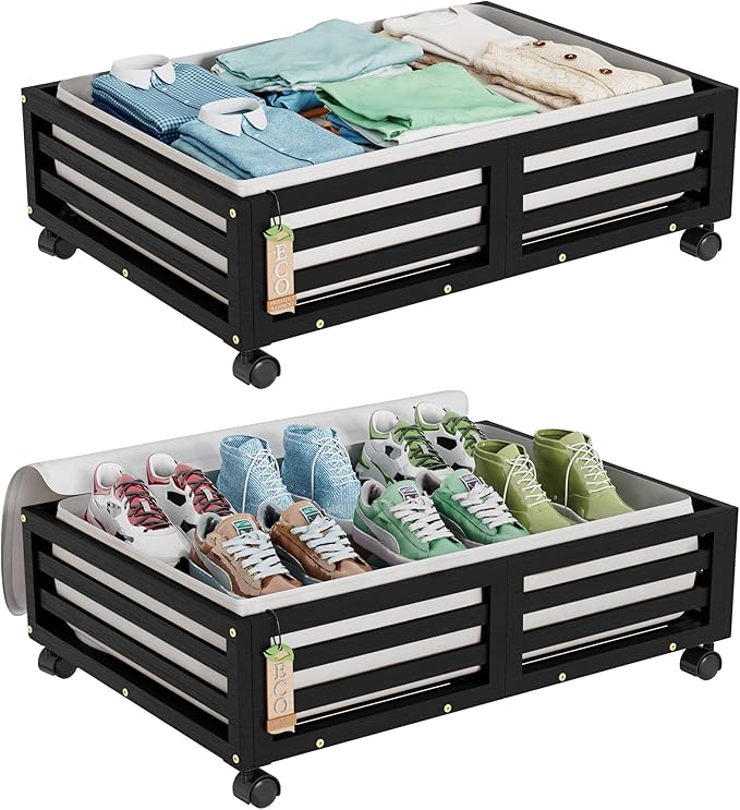 Wisuce Bamboo Under Bed Storage Containers- Underbed Organizer with Wheels with Large Dust Bag,Sturdy Wood Rolling Under the Bed Shoe Storage Organizer Drawer 2 Pack