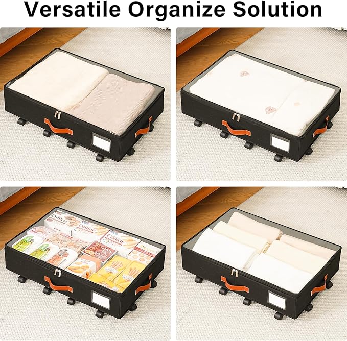 Under Bed Storage Organizer with Wheels, Underbed Container with Clear Lid Cover, Storage Bag Box with Visiable Window for Clothes, Bedsheet, Pillow, 2 Pack，5.5 inches