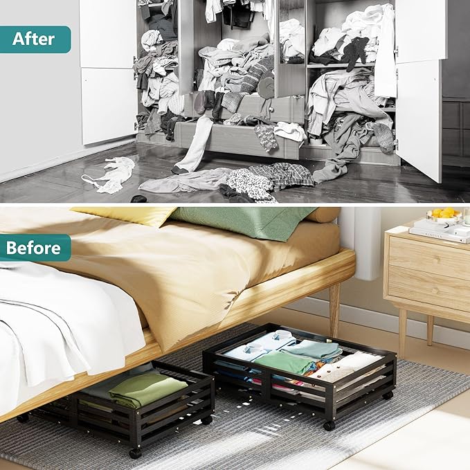 Wisuce Bamboo Under Bed Storage Containers- Underbed Organizer with Wheels with Large Dust Bag,Sturdy Wood Rolling Under the Bed Shoe Storage Organizer Drawer 2 Pack