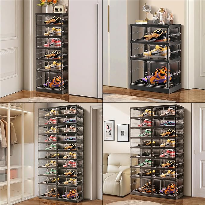 10 Tiers 20-40 Pairs Foldable Shoe Boxes Large Plastic Shoe Storage Rack Collapsible Shoe Organizer for Closet Clear Stackable Shoes Shelf Storage Cabinet with Doors Quick Assembly Black