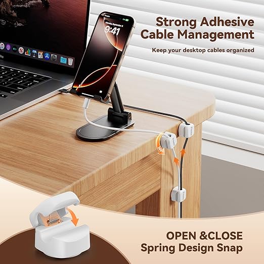10Pack Rotatable Cord Organizer,Spring Cable Clips Desk Cable Management Cord Holder Adhesive Phone Charger Cord Clips for Home Office Car Wall Nightstand Accessories White