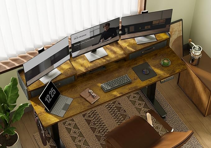 YDN Rustic Brown 2-Tier Adjustable Electric Standing Desk, 59 inch, Modern Design with 2 Drawers, Felt Fence, Hook, for Office