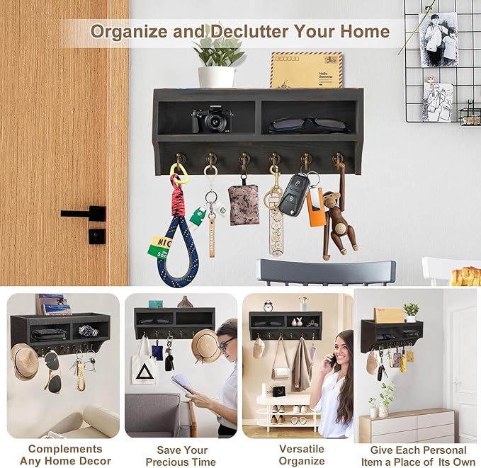 Key Holder Wall Mount - Mail Organizer Wall Mount with 6 Key Hooks and Storage Box for Sunglasses Storage and Dog Leash Holder Home Decor Rack Apartment Farmhouse Shelf Entryway Organizer (Black)