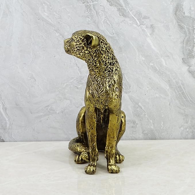 10-inch Antique Gold Leopard Sculpture - Resin Sitting Cheetah Figurine with Gold Dot Design, Art Deco Home Decor for Shelves & Office