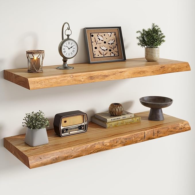 Live Edge Elm Floating Shelves For Wall - 36" W x 9.3" D Rustic Solid Wood Shelves with Invisible Bracket, Wall-Mounted Storage & Display Shelf for Living Room Bedroom Kitchen, Set of 2, Natural
