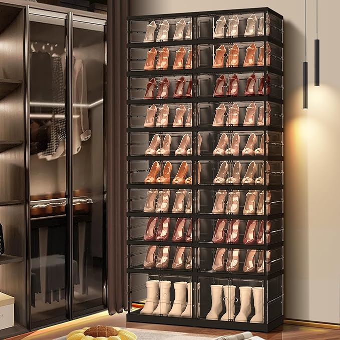 10 Tiers 20-40 Pairs Foldable Shoe Boxes Large Plastic Shoe Storage Rack Collapsible Shoe Organizer for Closet Clear Stackable Shoes Shelf Storage Cabinet with Doors Quick Assembly Black