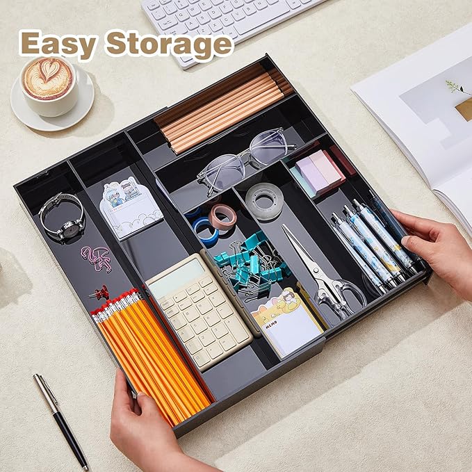 1 Pcs Acrylic Drawer Organizer 9'' up to 18'' x 15'' x 2'' Expandable Drawer Organizer Pens Notebook Ruler Makeup Tray with 7 Adjustable Compartments for Desk Office Kitchen Bathroom(Black)