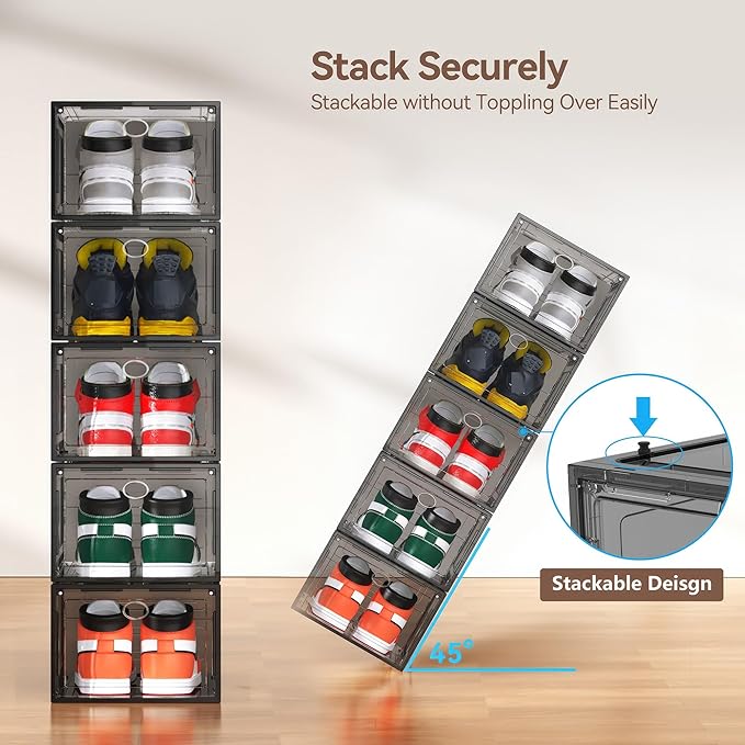 XX Large Clear Shoe Storage Box Organizer for Closet, 9 Pack Thicken Hard Plastic Stackable Shoe Sneaker Rack Display Case Container Bins Organizer, Easy Assembly, Grey