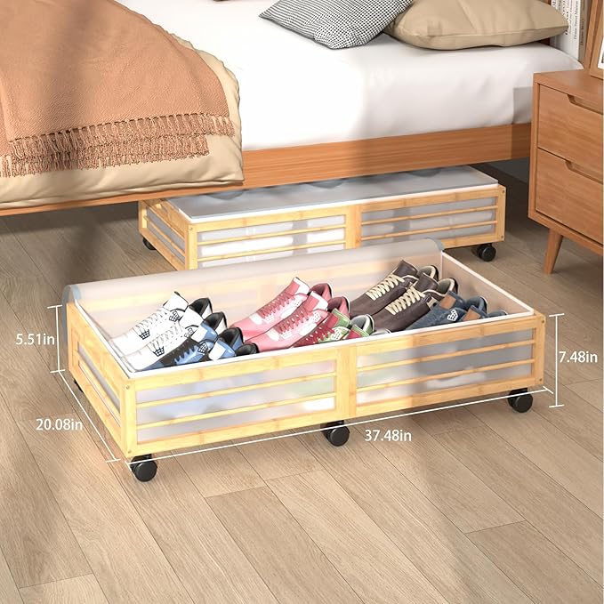 Under Bed Storage Containers with Wheels, Larger Bamboo Wood Under Furniture Storage Containers with Dust Bags，Rolling for Shoes Clothes