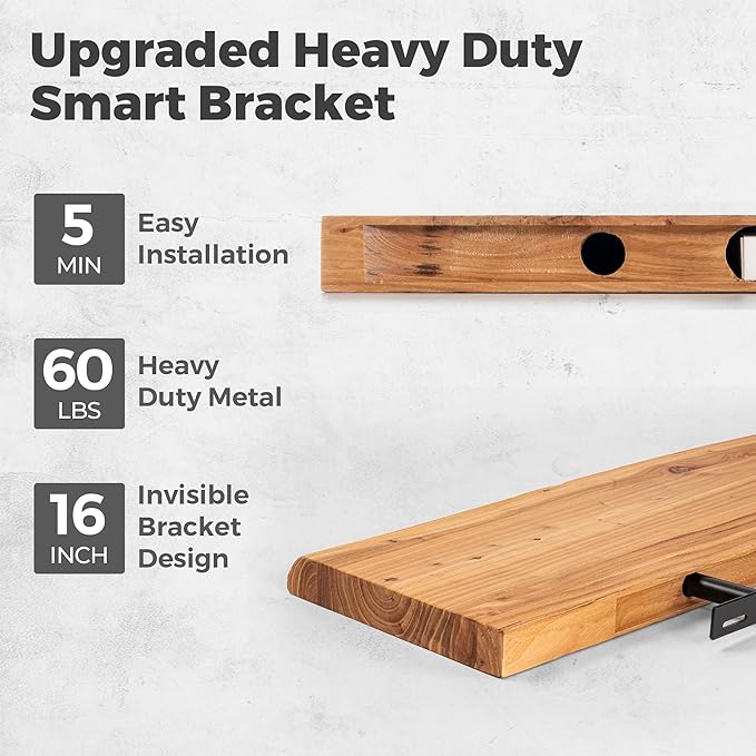 Live Edge Elm Floating Shelves For Wall - 55" W x 9.3" D Rustic Solid long Wood Shelves with Invisible Bracket, Wall-Mounted Storage & Display Shelf for Living Room Bedroom Kitchen, Set of 2, Natural