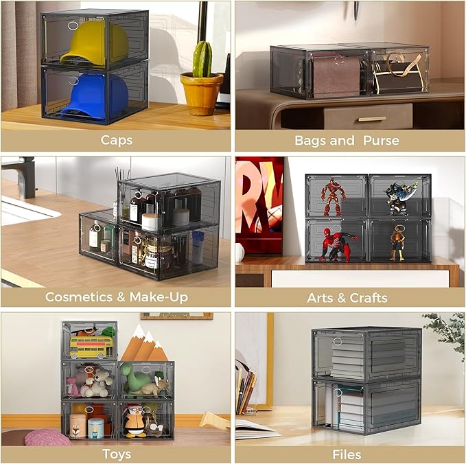 XX Large Clear Shoe Storage Box Organizer for Closet, 9 Pack Thicken Hard Plastic Stackable Shoe Sneaker Rack Display Case Container Bins Organizer, Easy Assembly, Grey