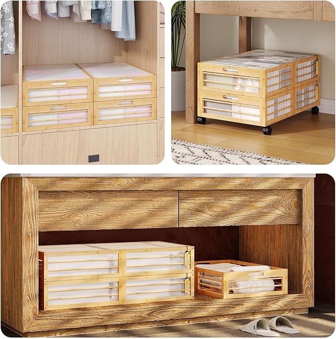 Under Bed Storage Containers with Wheels, Larger Bamboo Wood Under Furniture Storage Containers with Dust Bags，Rolling for Shoes Clothes