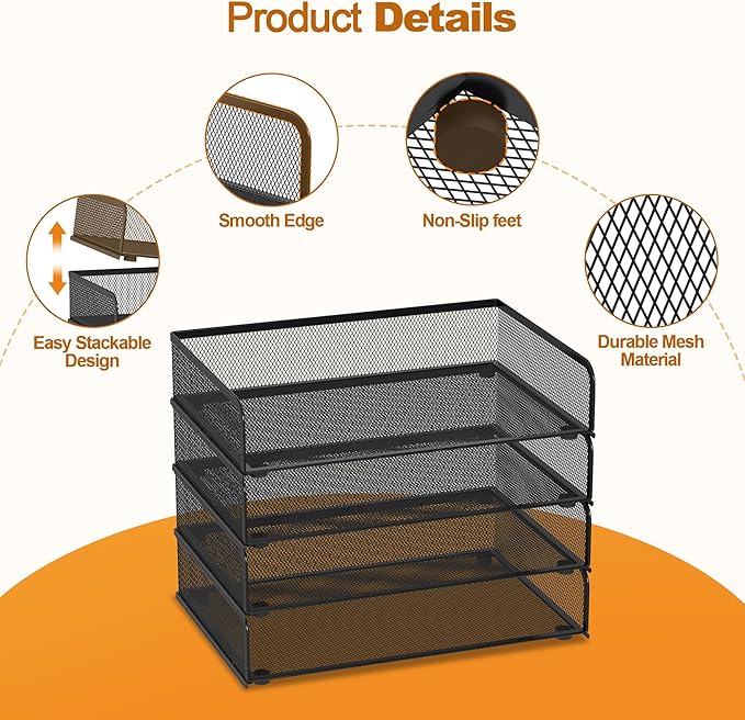YINGHUA 4-Pack Metal Mesh Stackable Paper Letter Trays Organizer for Classroom,Office Desk File Sorter Holder Organizer Storage Box for Letter/A4 Size Folder Documents-Black