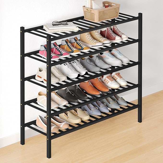 Smiry Bamboo Shoe Rack for Closet, 5 Tier Long Wooden Stackable Shoe Organizer, Free Standing Shoes Storage Shelf for Entryway, Front Door Entrance, Black