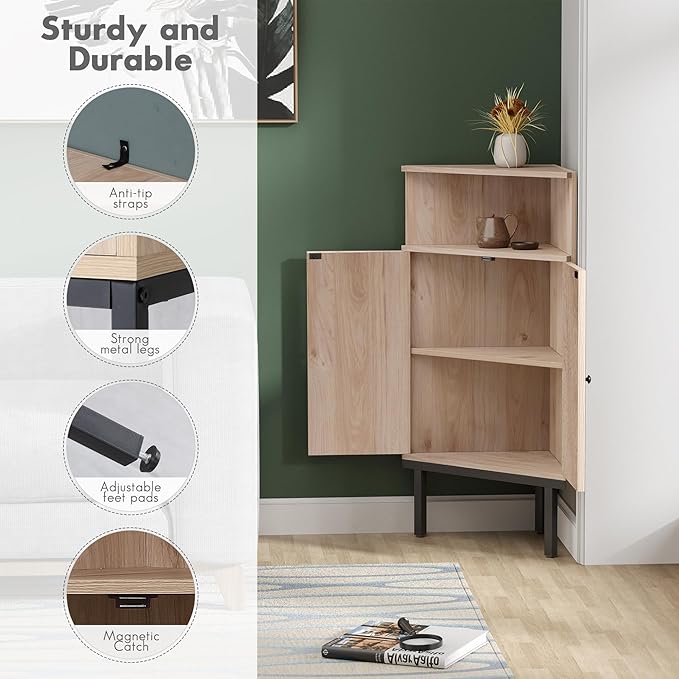 Yechen 39.7" Corner Storage Cabinet with Adjustable Shelf and Rattan Doors, Small Boho Corner Shelf Stand with Open Storage, Freestanding Cabinet for Bathroom, Living Room/Metal Legs/Natural Oak