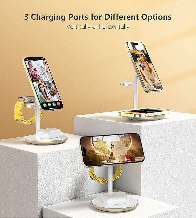 XooFly 3 in 1 Wireless Charging Station for Apple Devices, Fast Wireless Mag-Safe Charger Stand with 20W Adapter for iPhone 17/16 15 14 13 12 Pro Max/Pro/Plus/Air/Mini, iWatch, AirPods (Gold)